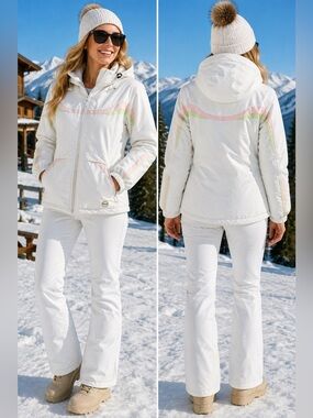 Bongo White Ski Jacket Pink Green Trim Detachable Hood Size Small